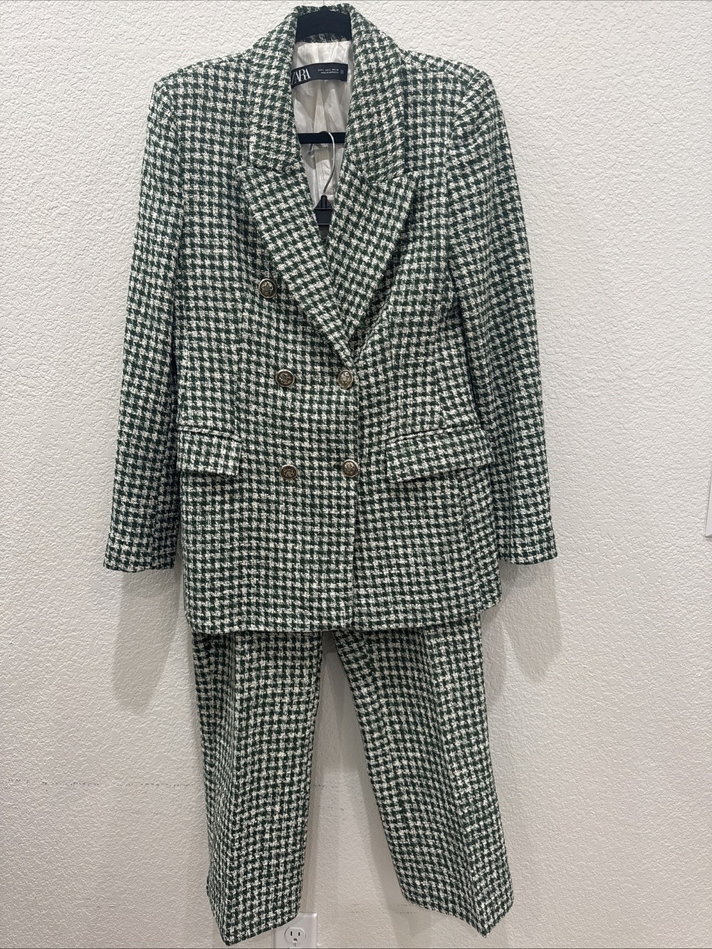 Zara Textured Houndstooth Double-Breasted 2-piece Suit Green White Women XL & L